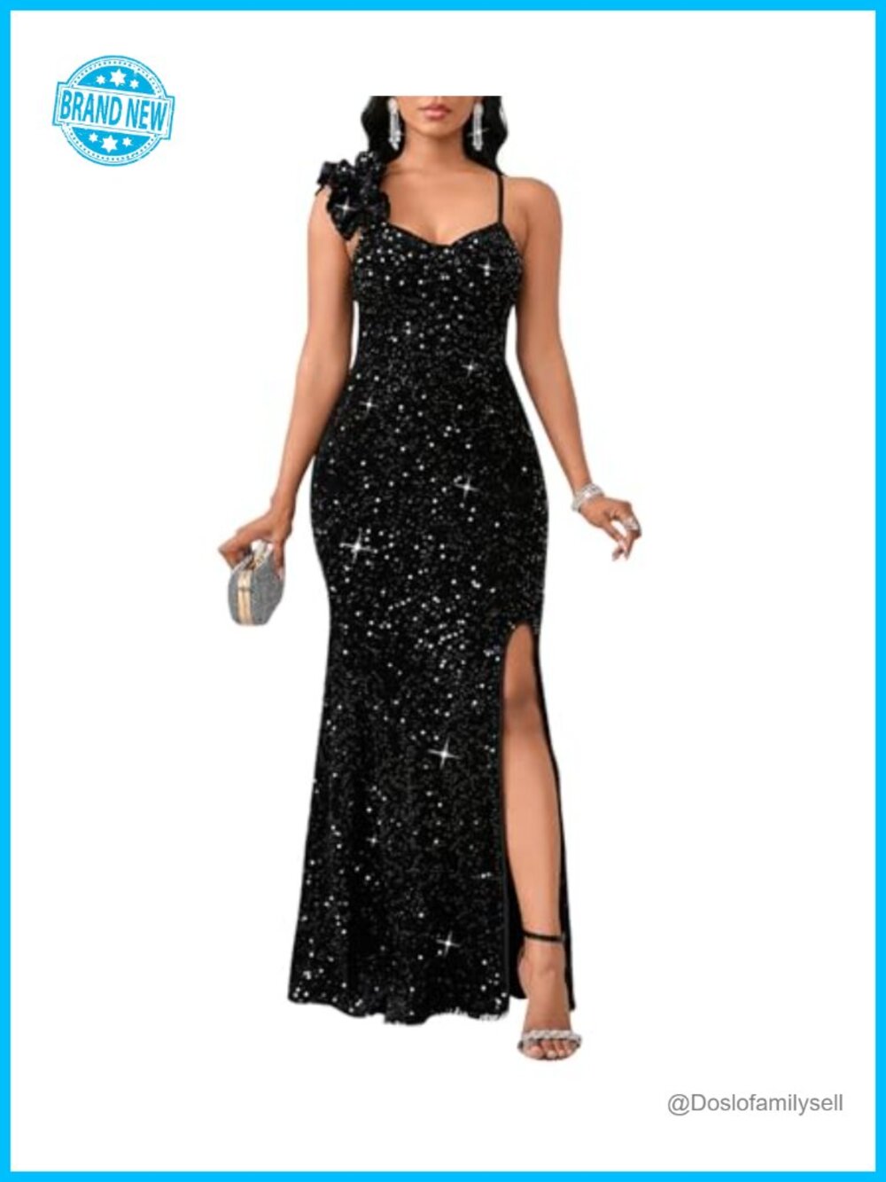 Sequin Mermaid Formal Evening Gown High Split Ruffled Hem Bodycon Maxi Dress